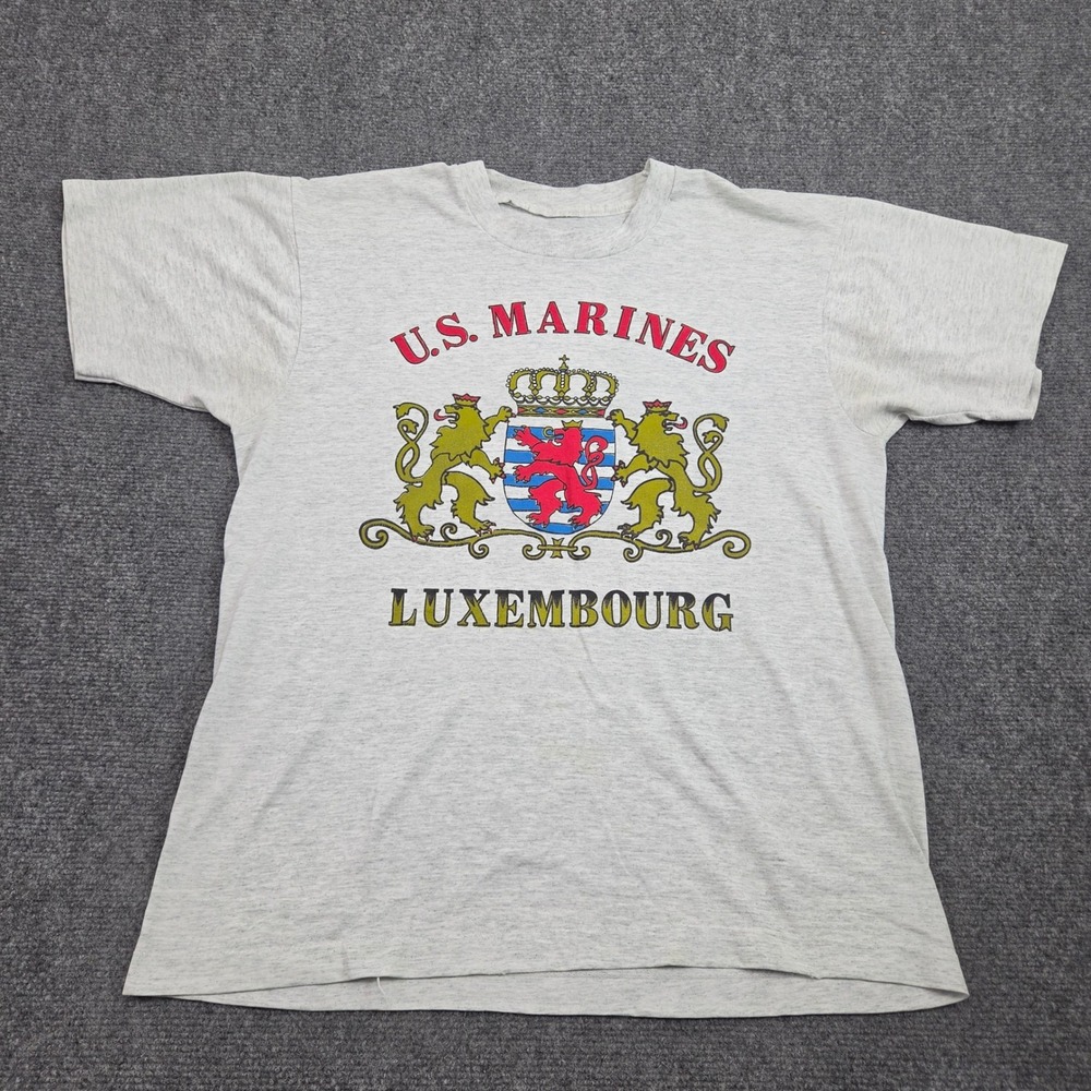 Vintage Luxembourg US Marines Crest TShirt L Gray Military Graphic Tee 90s USMC